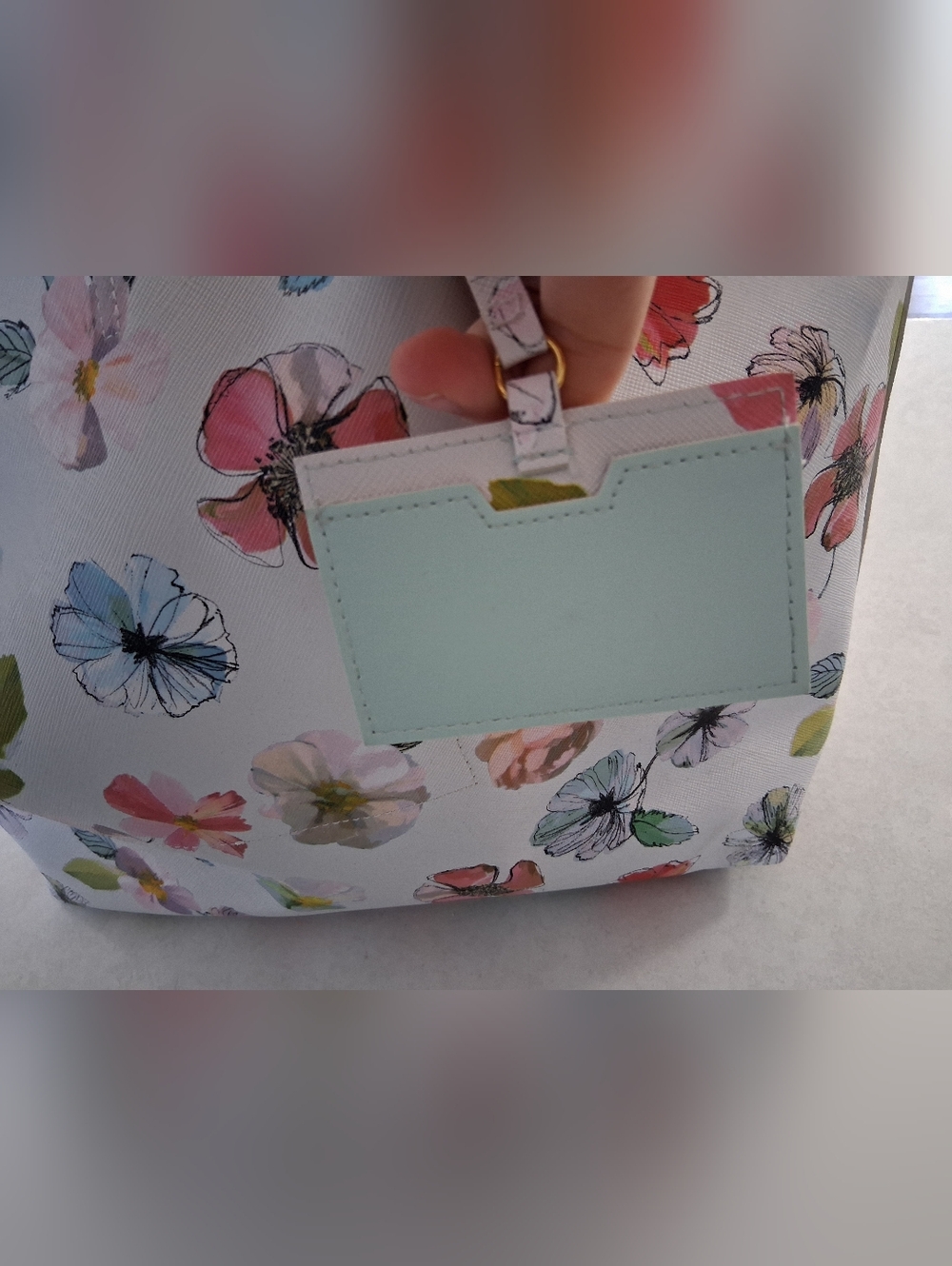Indigo/ Floral Print Tote Bag with Mint Inside/ Card Holder - Picture 10 of 16